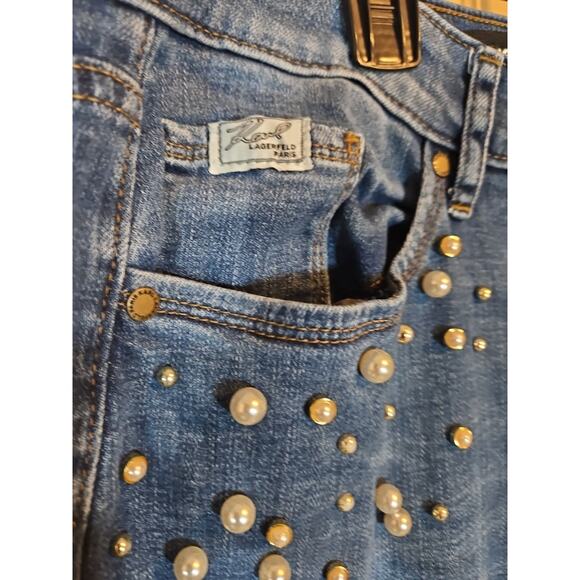 Karl Lagerfeld ParisFaux Pearl Embellished Cropped Jeans Sz 14 - Picture 3 of 9